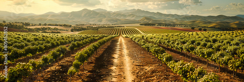 Sunset Over Vineyard, Scenic Hillside Rows of Grapevines, Idyllic Rural Wine Country Landscape photo