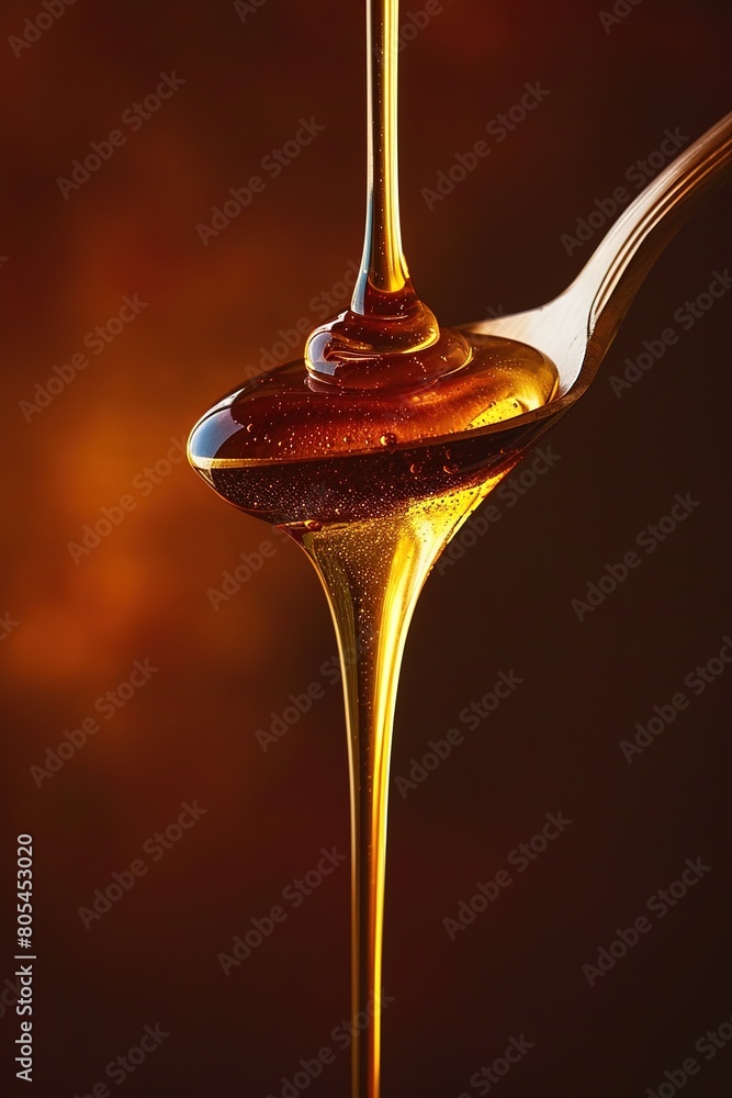 Golden honey elegantly drizzling from a spoon Golden honey elegantly drizzling from a spoon