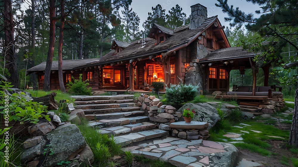 Half-hidden among the verdant pines, a rustic lodge beckons with the warmth of its glowing hearth, a tranquil haven in the heart of the wilderness.