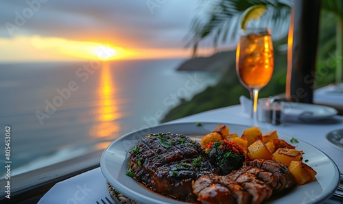 Restaurant Dinner Plate with Grilled Meat Beef Steak with Seaside Sunset View