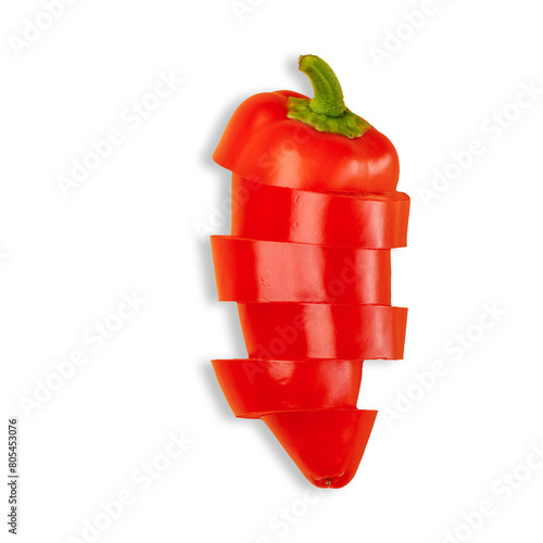 Red pepper isolated cutted unto slices on white background.