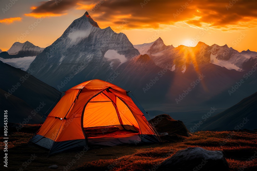 Glowing orange tent camping in the mountains in front of majestic mountain range.