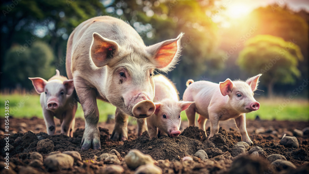 A group of adorable piglets enjoys a playful outing in the warm glow of a setting sun at a home farm, capturing the essence of farm life’s simple joys. A group of adorable piglets enjoys a playful outing in the warm glow of a setting sun at a home farm, capturing the essence of farm life’s simple joys.