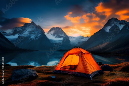 Glowing orange tent camping in the mountains in front of majestic mountain range.