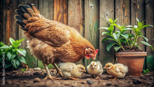 A mother hen, accompanied by her adorable chicks, takes a leisurely stroll around the backyard of a home farm. They peck at the ground near a rustic wooden fence and lush green plants. photo