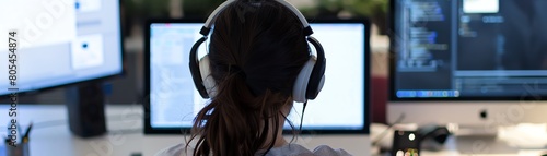 A young woman wearing headphones sits in front of three computer monitors, coding. photo