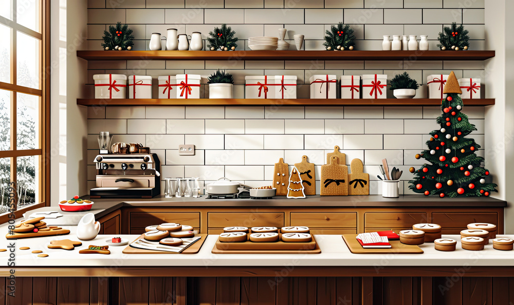 Warm festive kitchen with gingerbread cookies and Christmas decor. Generate AI