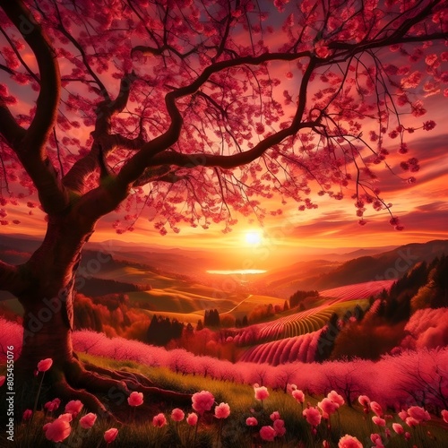 blossom at sunset Stunning panorama of cherry trees and sunset