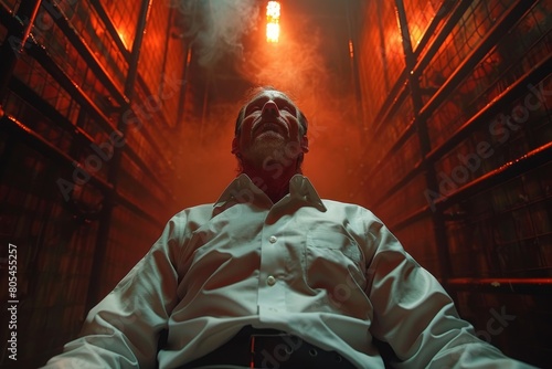 A chef sits with obscured face in a dramatic, industrial kitchen setting with red ambient lighting and smoke adding to the intensity photo