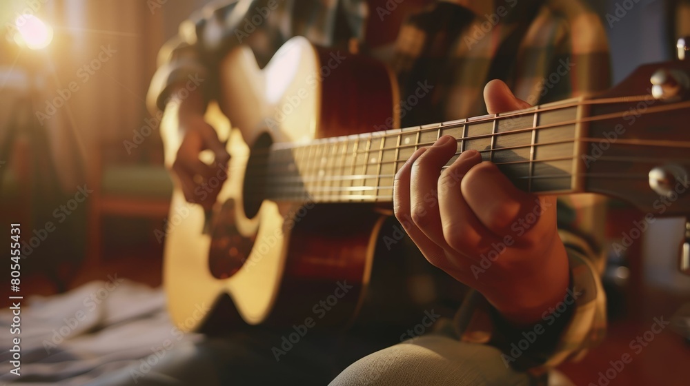 Naklejka premium The close up picture of the hispanic male child playing or practicing guitar inside his own room, the guitar practice require music theory knowledge, regular practice and understanding rhythm. AIG43.