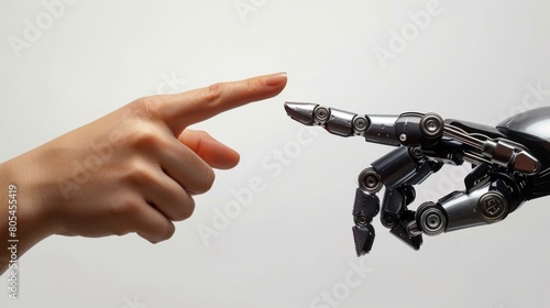 A hand and robot finger point at each other representing the link between humans and AI, Generated by AI © Chryses