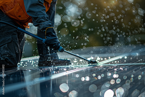 Worker cleaning solar panels, emphasizing sustainability and meticulous care in renewable energy systems.