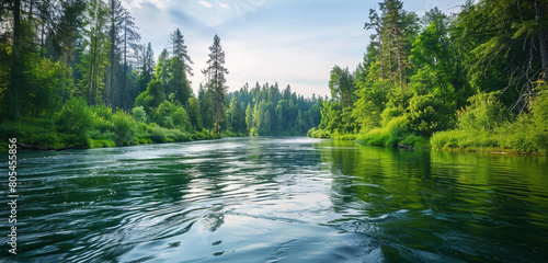 A serene river bend, flanked by towering trees and underbrush in varying shades of green photo