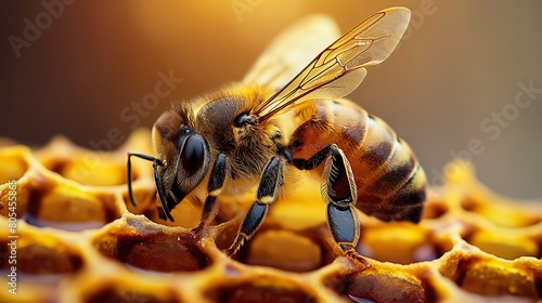Closeup of a honeybee pollinating a flower on a honeycomb © Crazy Dark Queen