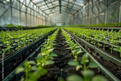 Slender rows of young seedlings growing in a greenhouse