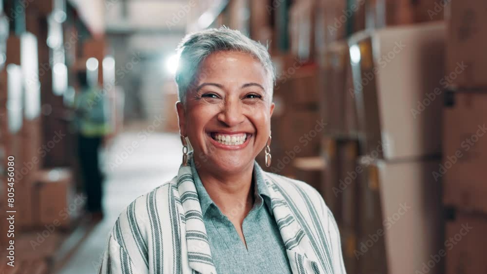 Mature woman, face and warehouse for logistics storage or supply chain manager for quality control and happiness. Female industry worker, portrait and transportation hub for delivery or distribution. Mature woman, face and warehouse for logistics storage or supply chain manager for quality control and happiness. Female industry worker, portrait and transportation hub for delivery or distribution.