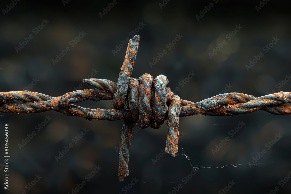 Macro shot focuses on the textures and colors of rust and metal in an aged barbed wire piece