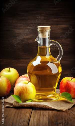 generated illustration  bottle of apple cider vinegar with fresh apples