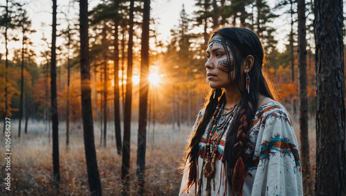 A young woman with dark hair and brown skin is standing in a forest.