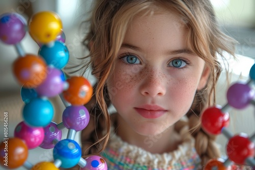 A curious young girl with striking blue eyes holds a colorful model of atomic structure