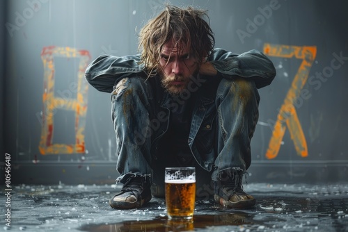 A forlorn individual sits head down, face obscured, with a glass of beer, depicting a scene of despair and desolation photo