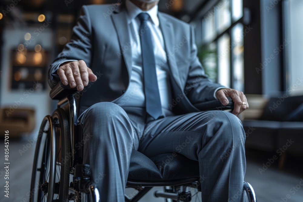 An executive in a tailored suit is subtly highlighted, displaying confidence while seated in a wheelchair, indoors An executive in a tailored suit is subtly highlighted, displaying confidence while seated in a wheelchair, indoors