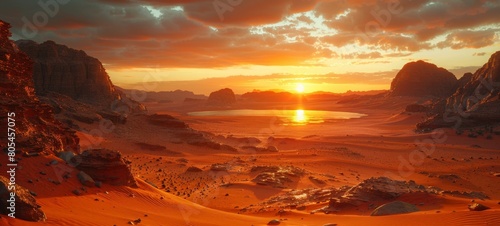 Breathtaking panoramic view of a desert at sunset  with vibrant orange skies casting shadows over sand dunes and rugged mountains.