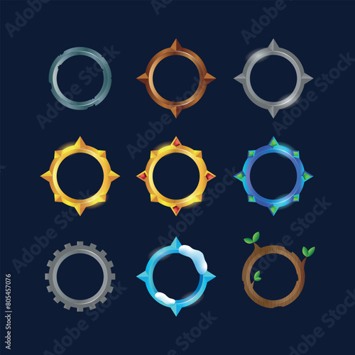 Vector Game frame set round level up title circle fantasy RPG nature badge UI vector avatar border kit. Empty decorative assets stone ice golden wooden ranking design element. Game frame collection. 