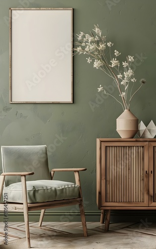 A green wall with an empty poster frame above the armchair, a beige and sage color palette, a Scandinavian style of interior design