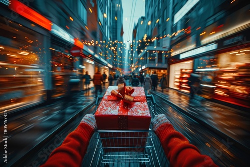 A vibrant scene of holiday shopping with a gift-filled cart amidst a bustling, festively lit street photo