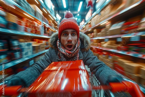 An excited man in winter clothes is having a fun ride on a shopping cart through a vibrant, colorful supermarket aisle © Larisa AI