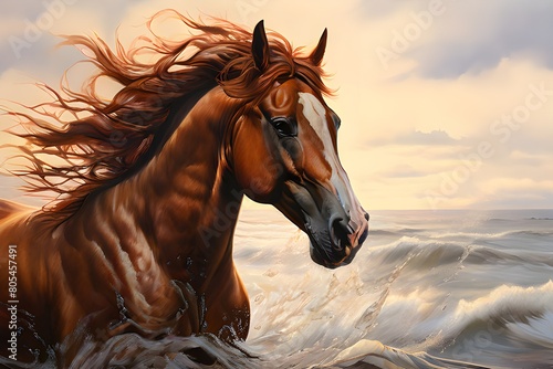 a painting that shows a chestnut horse galloping down the shore.A brown horse galloping freely on the beach, a horse on the beach racing in freedom


 photo