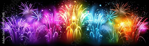 A vibrant display of fireworks bursting in various colors against a dark black backdrop