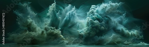 A painting featuring a collection of icebergs floating in the water