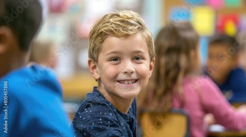 cute boy in school classroom smiling