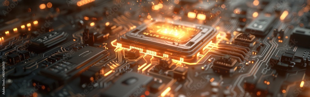 Detailed close up view of a computer chip showing intricate circuitry and components Detailed close up view of a computer chip showing intricate circuitry and components