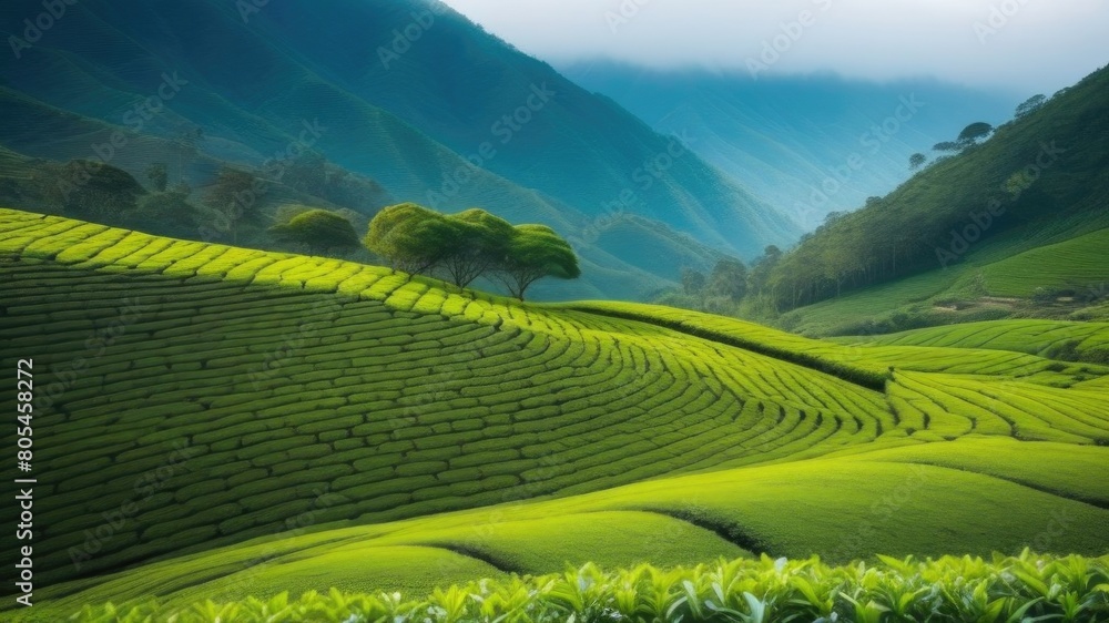 Fototapeta premium Amazing landscape view of tea plantation in sunset/sunrise time. Nature background with blue sky and foggy, a lot of green plants, copy space