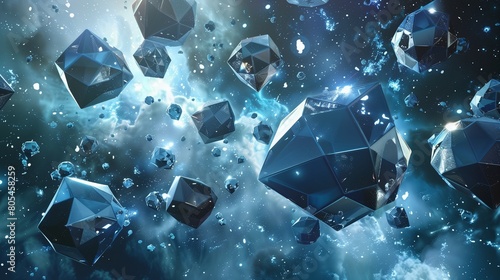This background features a variety of crystalline and metallic geometric bodies from intricate dodecahedrons photo