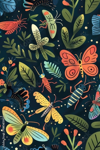 Cute cartoon insect characters seamless pattern. Funny happy small bugs  caterpillars  grasshoppers  beetles  worms  bees and ants.