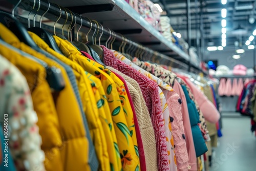 Rows with various colorful clothes in a clothing store