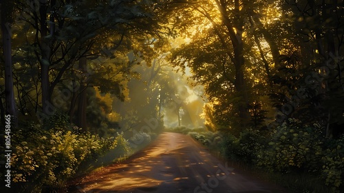 Shafts of sunlight pierce through the dense foliage, illuminating patches of the roadside in a soft, golden glow, a scene straight out of a dream.