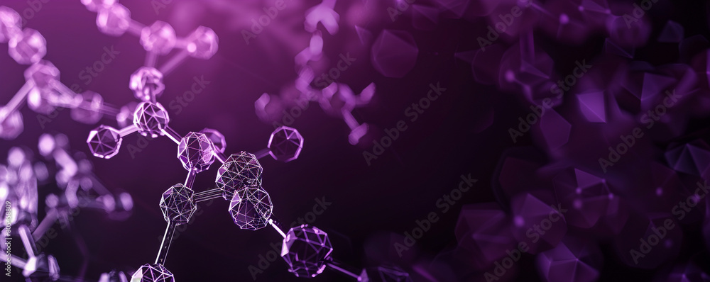 Dark purple to black gradient background with advanced minimal molecular mesh tiny polygons intricately connected, floating in a gradient space, reflecting the essence of futuristic science.