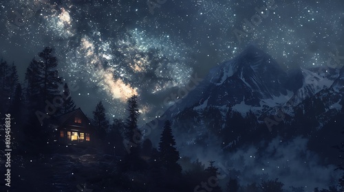 Sheltered beneath a canopy of stars, a mountain retreat beckons with the promise of peace and solitude, its flickering hearth a beacon in the darkness, a refuge from the chaos of the world below. photo