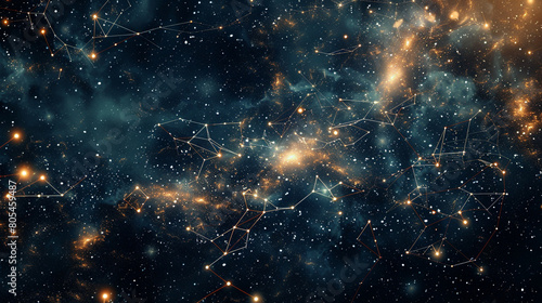 Deep space backdrop with subtle glowing molecular networks Small, interconnected structures forming a constellation-like pattern against the cosmos.