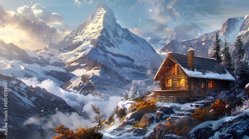 Surrounded by towering peaks, a cozy chalet stands in silent contemplation, its windows framing a breathtaking panorama of snow-capped mountains and endless sky, a haven for the restless spirit.