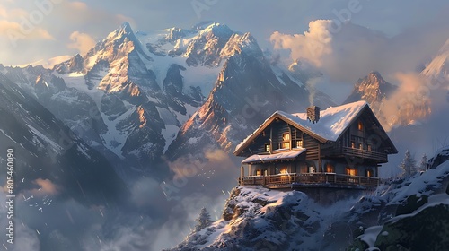 Surrounded by towering peaks, a cozy chalet stands in silent contemplation, its windows framing a breathtaking panorama of snow-capped mountains and endless sky, a haven for the restless spirit.