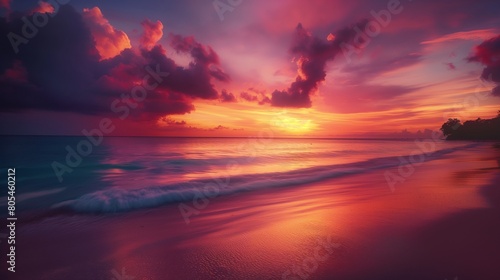  A secluded beach at sunset, where the sky is ablaze with hues of orange and pink, casting a warm glow over the tranquil scene below  © Vision Graphics
