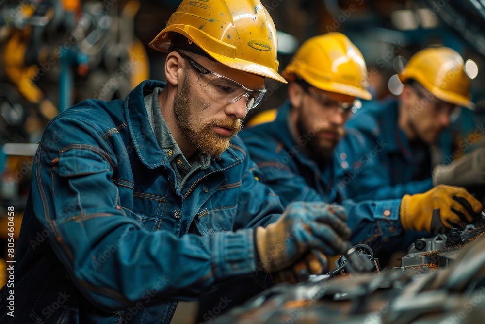 A group of workers in hard hats and safety gear attentively verifying machinery in an industrial environment A group of workers in hard hats and safety gear attentively verifying machinery in an industrial environment