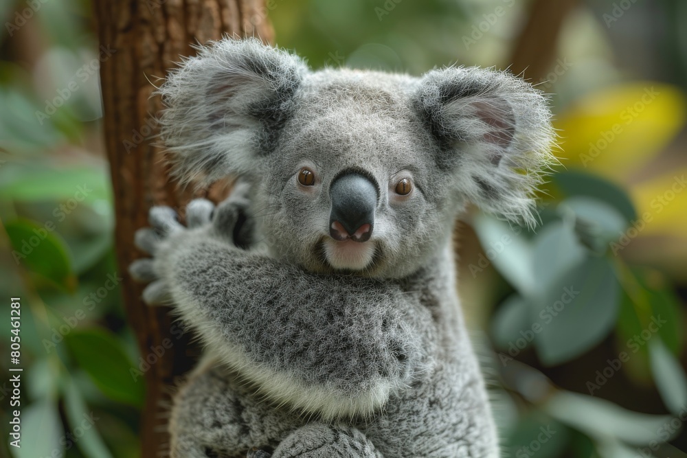Close-up of an adorable koala with fluffy ears holding onto a tree, with a curious facial expression Close-up of an adorable koala with fluffy ears holding onto a tree, with a curious facial expression