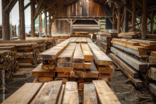 Wooden planks stacked in sawmills